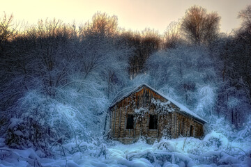 Abandoned old destroyed house in the winter forest.