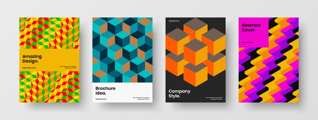 Bright corporate brochure vector design template set. Colorful mosaic pattern book cover layout bundle.