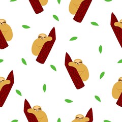 Seamless pattern of sloths hanging on tree branch and green leaves. White background. Cartoon character. Cute and funny. Summer and spring. For wallpaper, textile, scrapbooking and wrapping paper