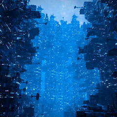 Cyberpunk city at night - 3D illustration of dark towering futuristic science fiction urban cityscape - 486097247