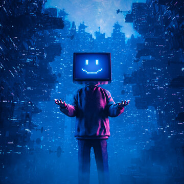 Gamer monitor head smiley media concept - 3D illustration of hoodie wearing character with smiling computer display face standing in futuristic cyberpunk city