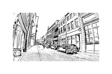 Building view with landmark of Mechelen is the 
city in Belgium. Hand drawn sketch illustration in vector.