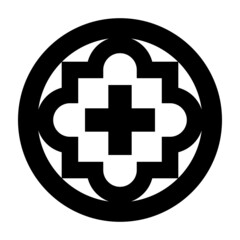 Christian symbol with a Greek cross, framed by bold borders, after a Christian stone relief, from the 5th century in the Maximus cave and hermitage of St Peter Cemetery Catacombs, Salzburg in Austria.