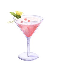 Red cocktail watercolour illustration with mint and ananas