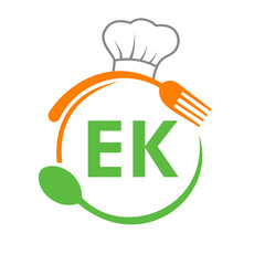 Letter EK Restaurant Logo with Chef Hat Spoon And Fork Template. Restaurant Logo On Letter EK Barbecue, Cafe Logo Vector - obrazy, fototapety, plakaty