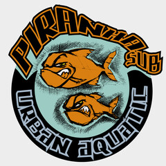Two piranha fish mascots of a sub immersion team. Sub immersion mascot illustration concept.
