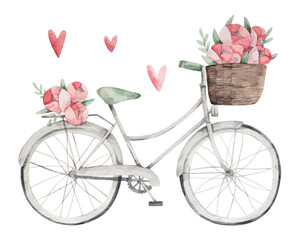 Watercolor illustration of bicycle with spring flowers. Hand-drawn bike with pink flowers and herats