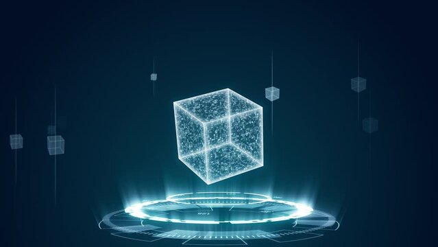 Motion graphic of Blue digital cube with futuristic circle rotation and cube icon levitation on abstract background technology and metaverse concept