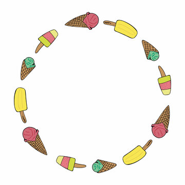 Round frame with different ice cream on white background. Vector image.