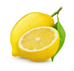 Lemon with half and leaf isolated on white background