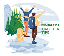 Hiking sports poster. Mountain landscape. breathtaking view. A couple of young people stand on a rock near the river and look at the mountains. flat vector illustration