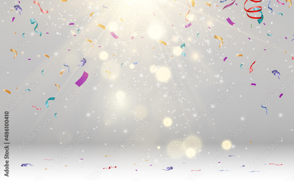 Poster Lots of colorful tiny confetti and ribbons on transparent background. Festive event and party. Multicolor background.Colorful bright confetti isolated on transparent background	