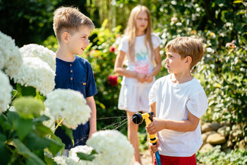 Obraz premium Children having garden hose fun in back yard