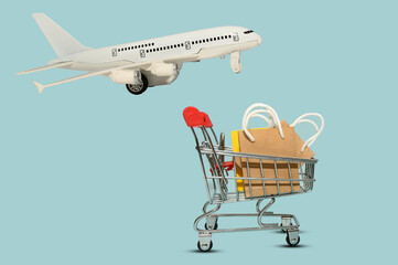 Mini basket and bags. Air transportation. White plane.