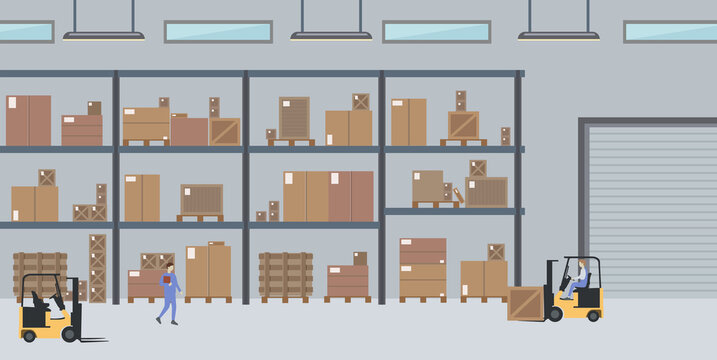 Modern warehouse interior background. Logistic delivery service company with people, forklifts, boxes, shelves, lamps, windows and gates in cartoon style.