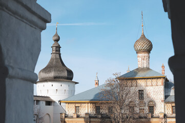 Rostov Yaroslavsky, Russia - Wooden and metal onion-shaped domes of typical Russian churches.