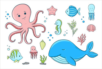 Set of vector illustrations of marine life. Children's drawing of fish, octopus, algae.
