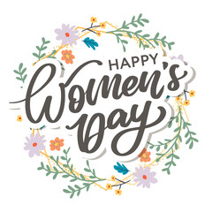Obraz premium Women's Day hand drawn lettering. Red text isolated on white for postcard, poster, banner design element. Happy Women's Day script calligraphy. Ready holiday lettering design.