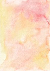 Abstract pastel peach and coral colors watercolor background texture, hand painted. Artistic light pink and yellow backdrop, stains on paper. Aquarelle painting wallpaper.