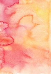 Watercolor yellow and red background painting. Watercolour liquid texture, stains on paper. Hand painted backdrop.