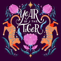 Year of the tiger hand lettering design with tigers and floral elements. Colorful vector illustration.