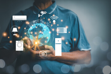 Users are using smartphone to connect to devices and applications. Through the Internet technology, shopping, data management, finance and banking. Concept Internet of things, Iot