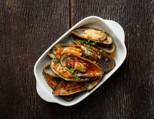 Traditional French Corsican mussel stew with mussels as top view 