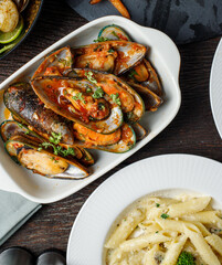 Traditional French Corsican mussel stew with mussels as top view 