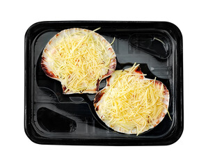 scallop in black plastic tray isolated on white with clipping path