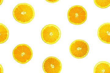 Orange slices seamless pattern on white background. Repetitive pattern of fresh yellow orange slices. Fruits pattern.