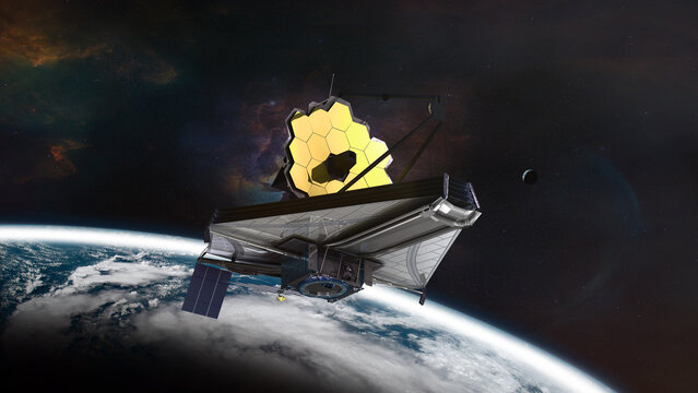 James Webb telescope take-off from Earth planet. Elements of this image furnished by NASA.