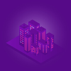 smart city with lighting. isometric building and skyscraper with digital lighting on purple background with copy space