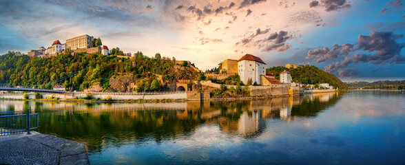 Panoramic view over the River Danube to the Fortress Veste Oberhaus in Passau, Bavaria, Germany