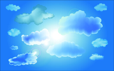 vector illustration background blue sky with clouds and sun and halo