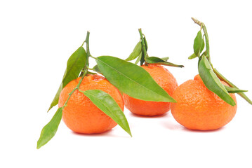 mandarin orange with leaves isolated on white