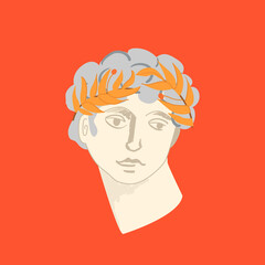 Antique portrait of classical greek god. Human head with olive crown. Vector illustration on red background. Statue of apollo or david with olive branches