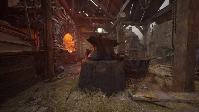 old abandoned blacksmiths workshop with rusted anvil hammer and tools
