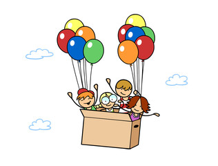Kinder fliegen in Kiste an Luftballons im Himmel