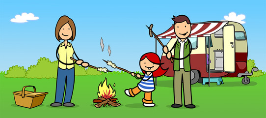 Familie beim Camping mit Wohnwagen macht Lagerfeuer
