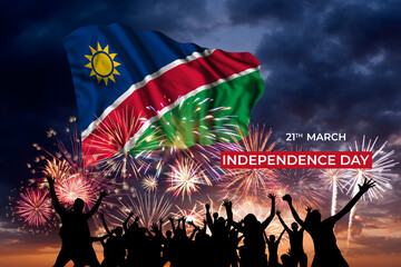 Sky with majestic fireworks and flag of Namibia