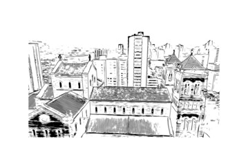 Building view with landmark of Medellín is the 
city in Colombia. Hand drawn sketch illustration in vector.
