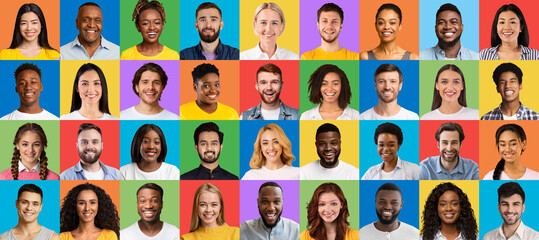 Fototapeta na wymiar Multicultural community concept. Collage of smiling diverse people headshots over bright studio backgrounds, banner