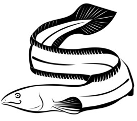Japanese eel. Ink sketch of fish on old paper background. Hand drawn vector illustration.Design for fishing catch or fisher sport club. Fish market, menu seafood.