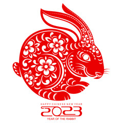 Happy chinese new year 2023 year of the rabbit zodiac sign, gong xi fa cai with flower,lantern,asian elements gold paper cut style on color Background. (Translation : Happy new year)