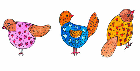 Funny birds in bright jackets. Illustration made by mixed media.