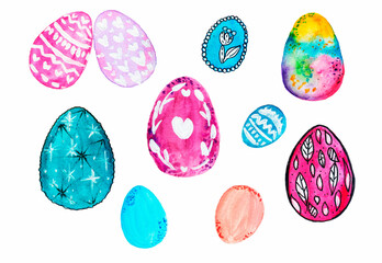 Watercolor eggs and eggs made by mixed media.