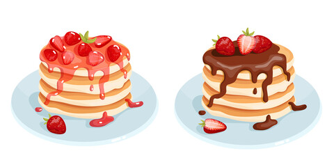 Set of pancakes with fruit jam and strawberries, chocolate cream .Cartoon vector graphics.