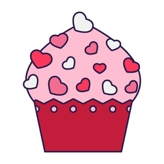 Retro Valentine Day icon cupcake with hearts. Love symbol in the fashionable pop line art style. The cute muffin is in soft pink, red, and coral color. Vector illustration isolated on white.
