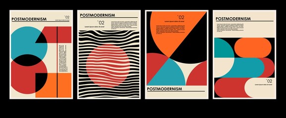 Artworks, posters inspired postmodern of vector abstract dynamic symbols with bold geometric shapes, useful for web background, poster art design, magazine front page, hi-tech print, cover artwork. - 486108821