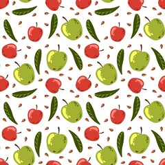 Seamless pattern of green and red apples with leaves